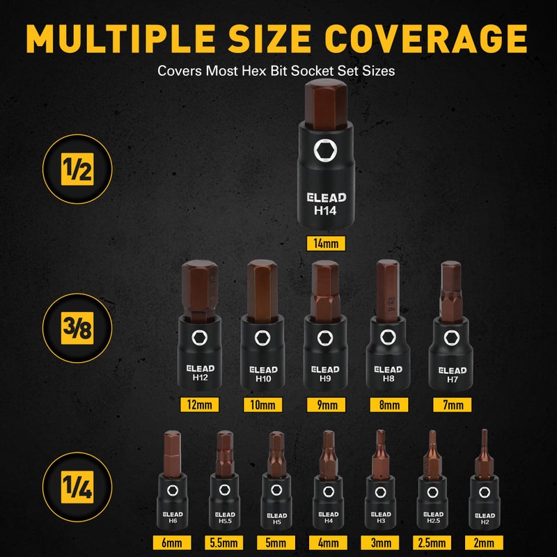 ELEAD 16-Piece Metric Hex Bit Socket Set - Premium S2 Steel 2mm-14mm Allen Socket Set with Socket Adapters  1/4   3/8  and 1/2  Drive | Professional Mechanic Garage Tools - Image 2